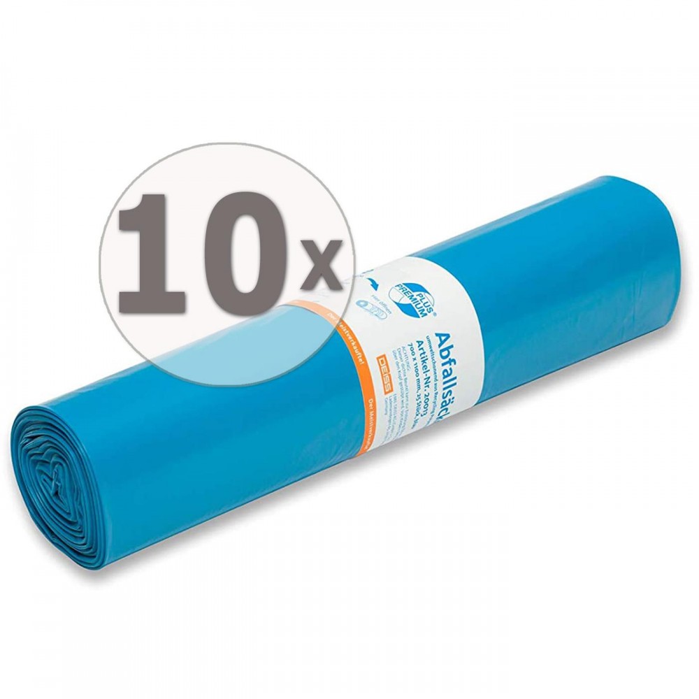 [D-20013] PREMIUM PLUS® Müllsäcke 120L Blau – Nachhaltig & Reißfest (95 % Recycling), Blau 250stk/Karton, 700 x 1100mm 10 Rollen a 25Stk