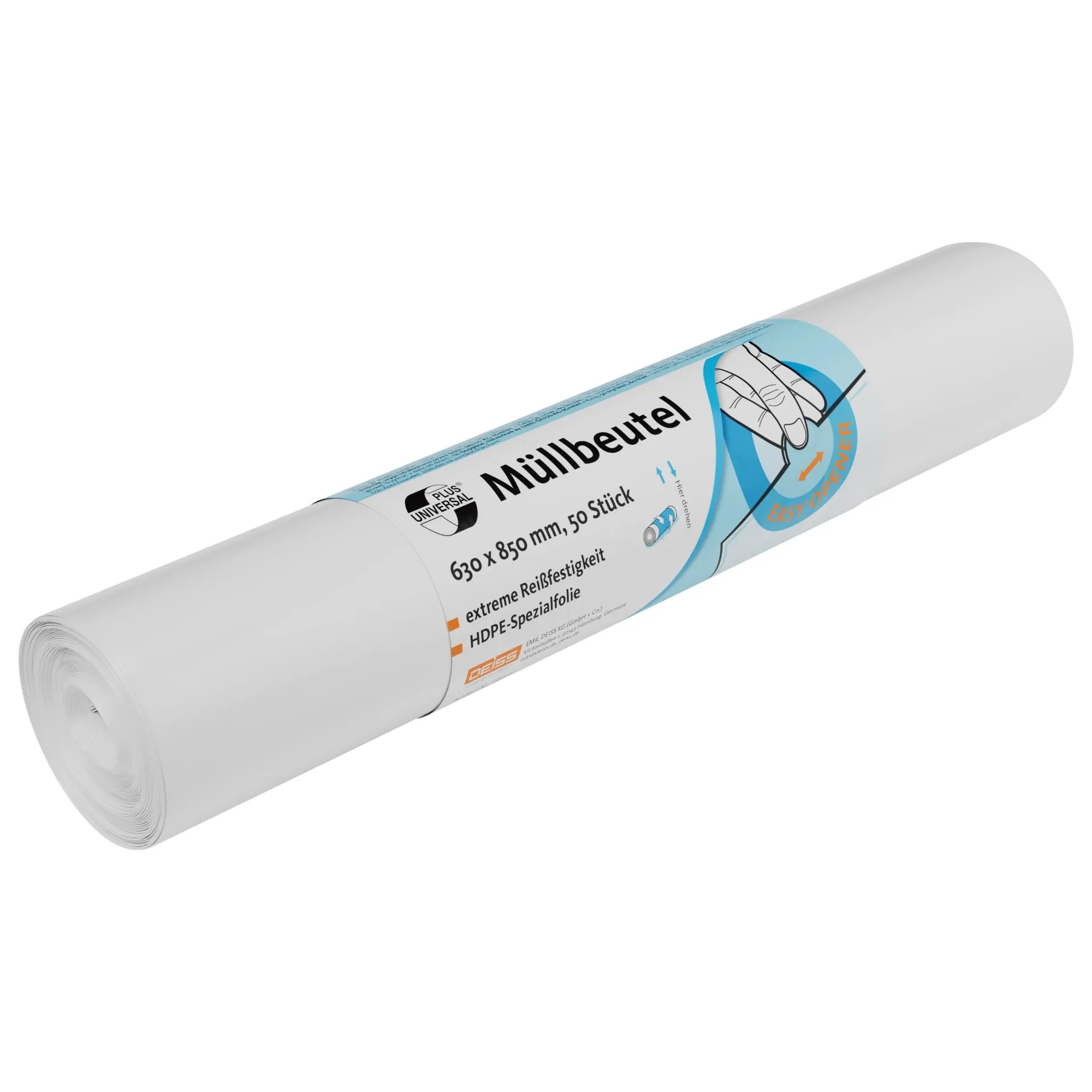 [D-46923] UNIVERSAL PLUS® 60-80L Müllbeutel Weiß – Klimaneutral & Reißfest (630 x 850 mm) - 10 Rollen a 50Stk